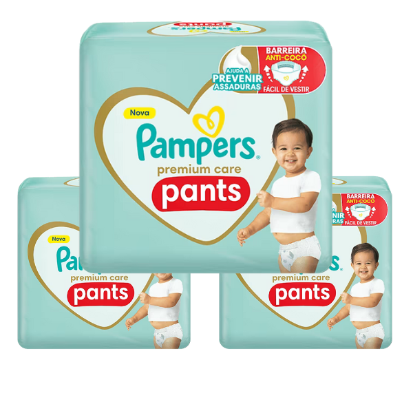Kit 3 em 1 - 3 und Fraldas Pampers® Premium Care Pants 68 unidades cada